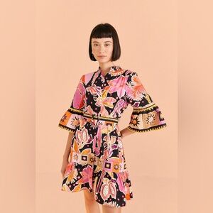 NWT FARM Rio Black Enchanted Nature Floral Mini Belted Dress S